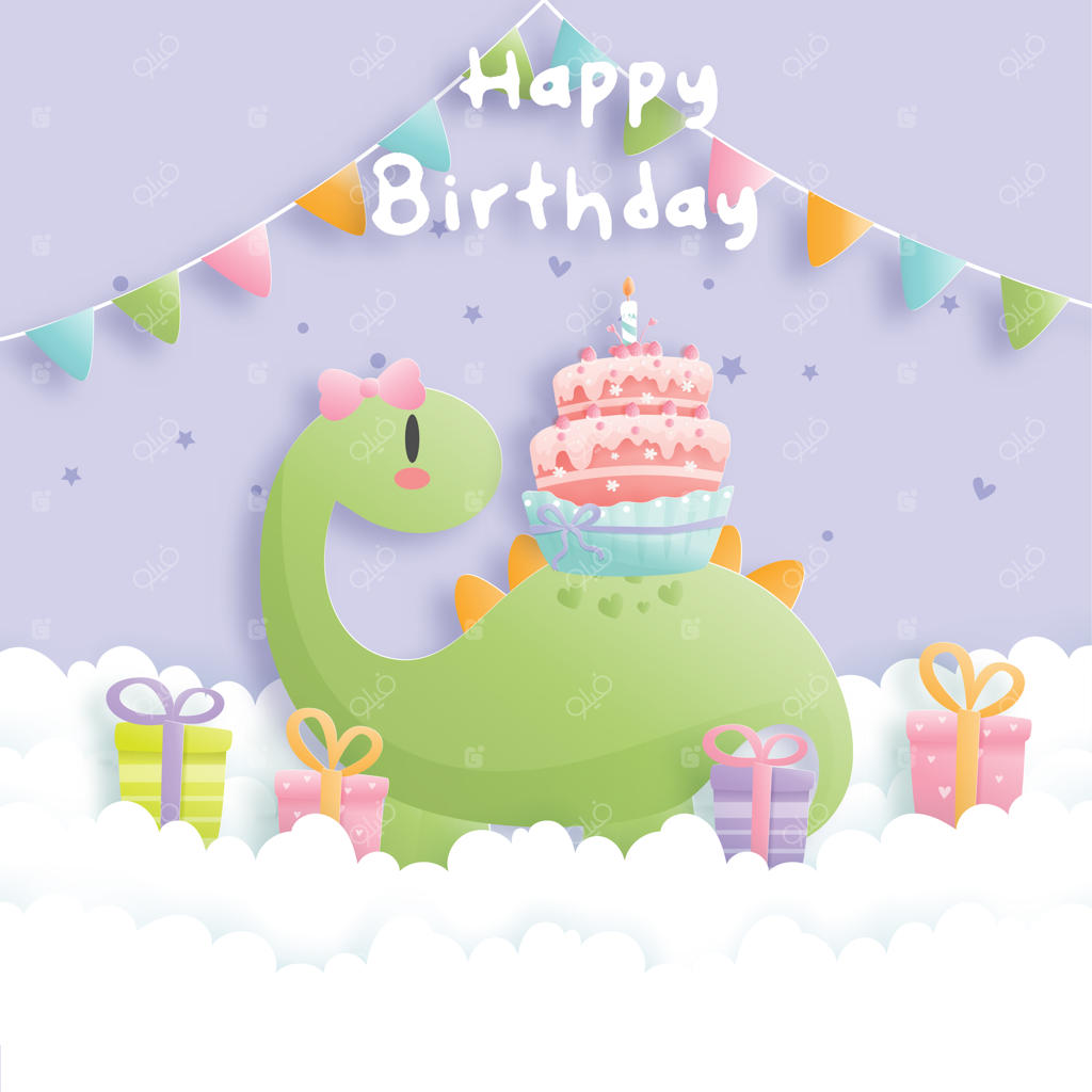 کارت تولد با دایناسور بامزه و جعبه‌های هدیه