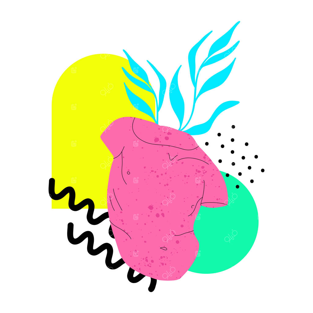 پوستر یا چاپ مدرن از مجسمه مرمری یونانی یا رومی - الهام گرفته از رنگ‌های اسیدی باستانی - افزوده‌های هندسی و گیاهی - کارت مدرن و شیک با بافت و اجزای بدن کلاسیک