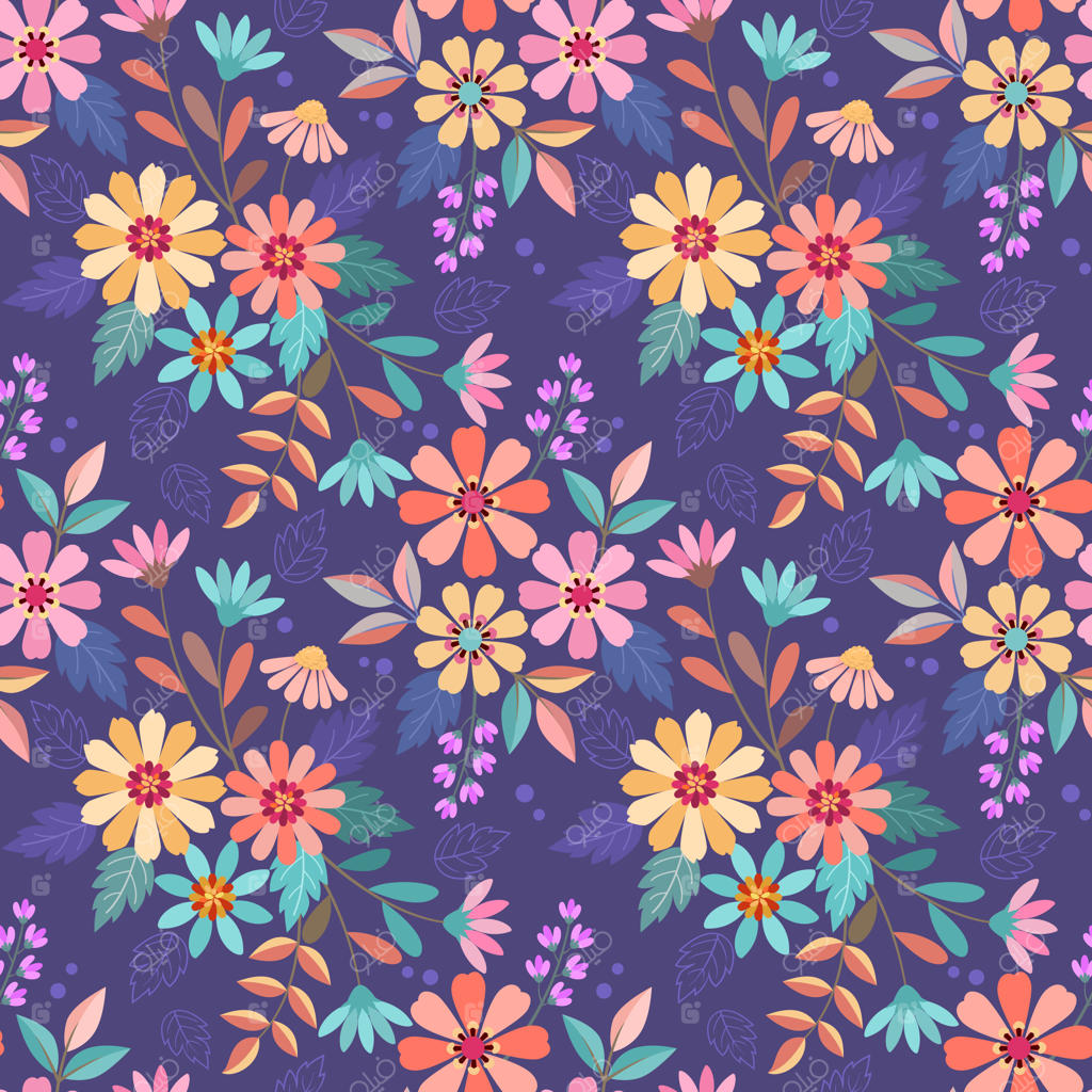 طراحی وکتور پترن یکپارچه گل‌های رنگارنگ دست‌کشیده بر روی زمینه بنفش - قابل استفاده برای پارچه، منسوجات و کاغذ دیواری.