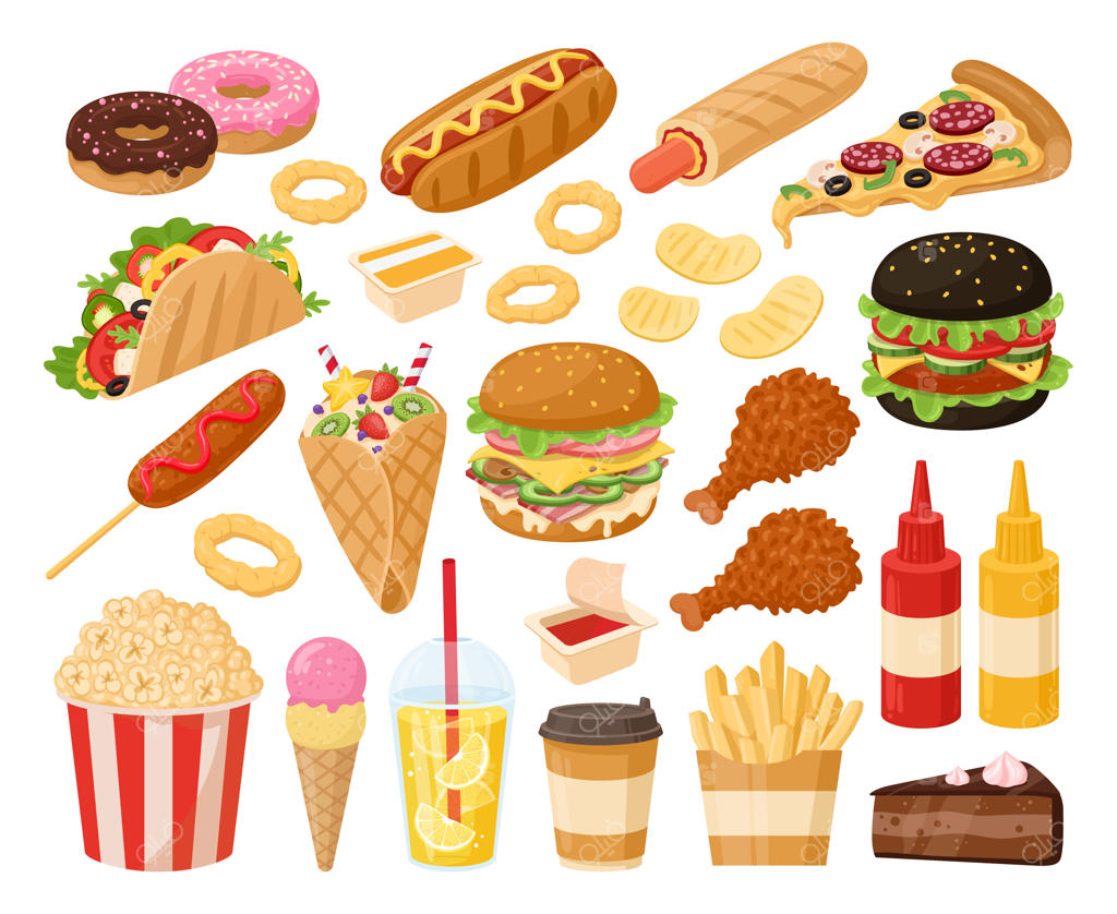 تصویرسازی وکتور کارتونی و تخت فست‌فود؛ همبرگر، پیتزا، هات‌داگ، لیموناد و انواع اسنک و نوشیدنی