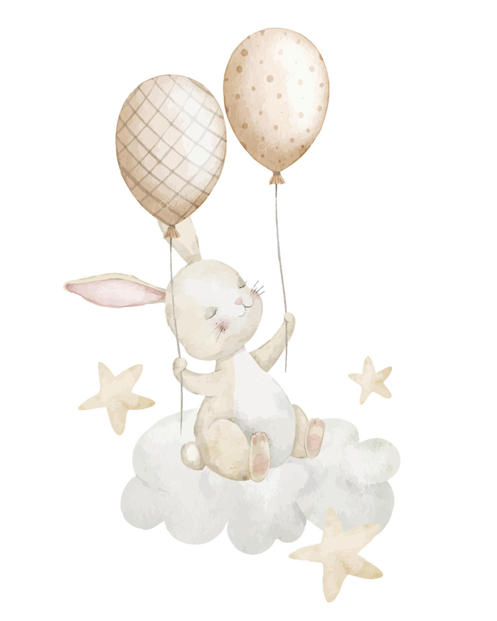 تصویر آبرنگی خرگوش بامزه با بادکنک‌ها در ابرهای رنگ‌های پاستلی. طراحی خرگوش به رنگ بژ برای کارت‌های تبریک بیبی‌شاور یا دعوت‌نامه‌های تولد کودکان. هنر خرگوش.