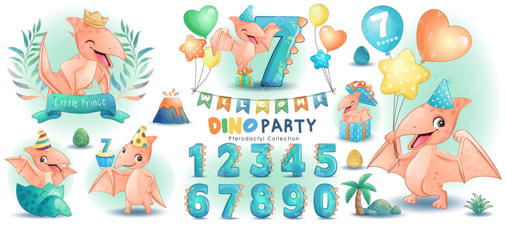 جشن تولد دایناسور کوچولو با تصویرسازی آبرنگ شماره‌گذاری شده