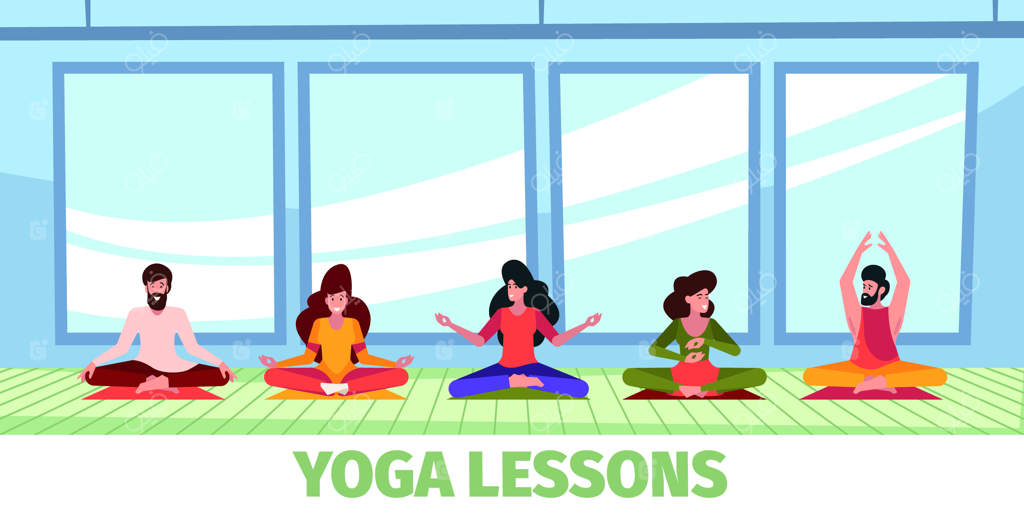 کلاس‌های یوگای مدیتیشن در فضای باز: آرامش و تنفس عمیق در حالت نیلوفرآبی همراه با شخصیت‌های کارتونی جذاب در فضای گرافیکی رنگارنگ