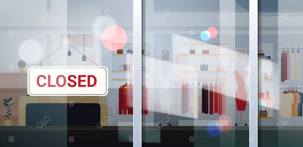 تابلوی "تعطیل" آویزان در بیرون مرکز خرید پوشاک زنانه به دلیل بحران قرنطینه کرونا ویروس