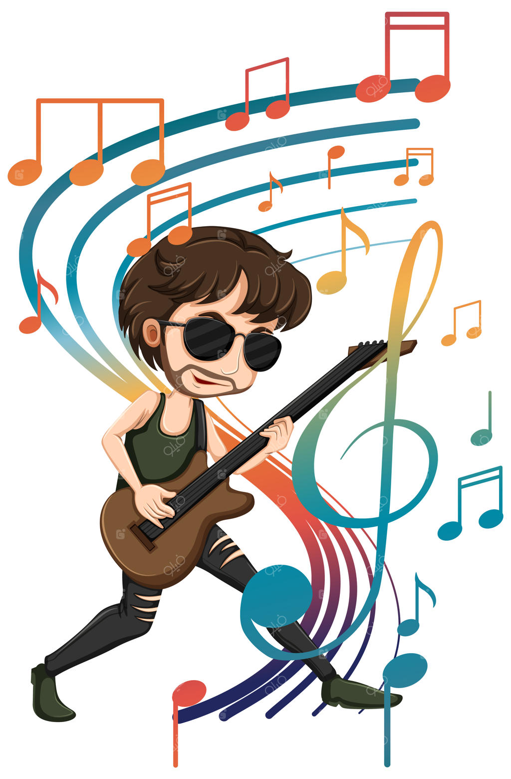 پسر بچه‌ای در حال نواختن گیتار با نت‌های موسیقی در پس‌زمینه سفید