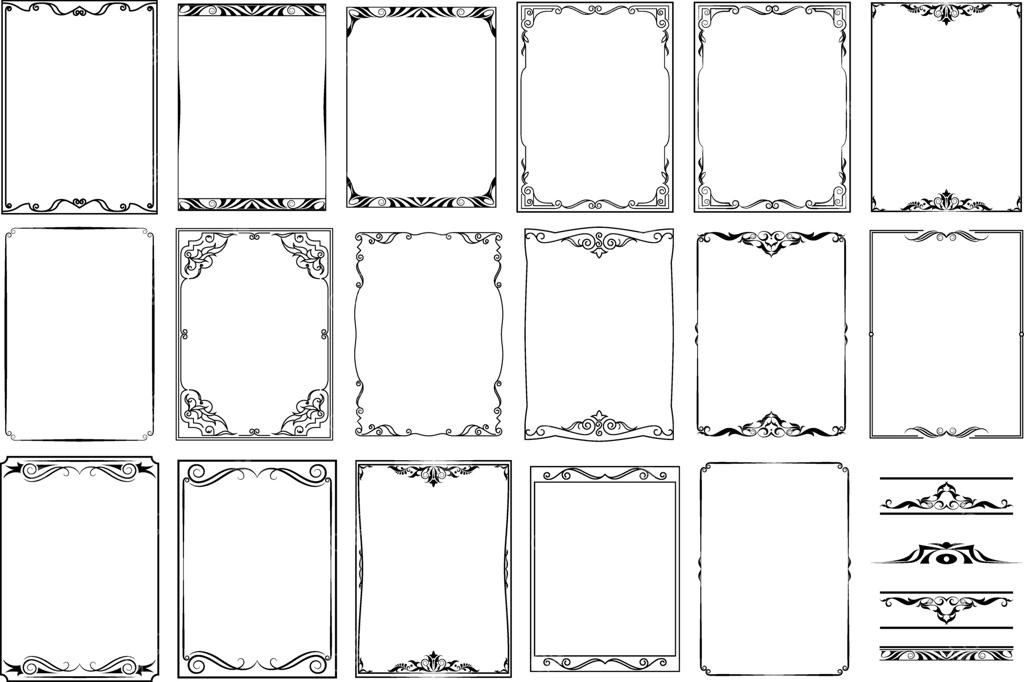 مجموعه‌ای از قاب‌های وینتیج، مشکی بر روی زمینه سفید، طراحی‌شده به سبک رترو برای تزئین و طراحی کارهای گرافیکی و قاب‌های عروسی
