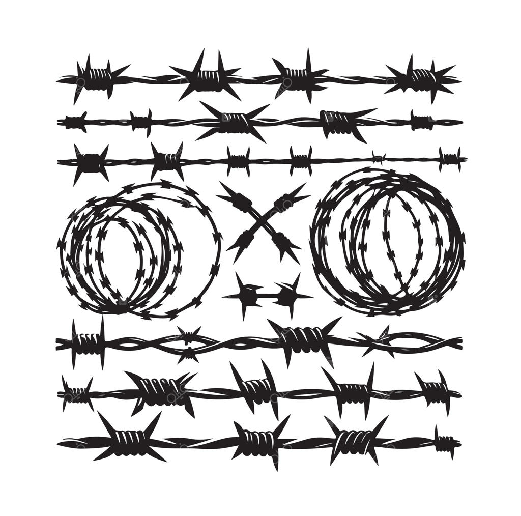 مجموعه سیم خاردار بر روی زمینه سفید. سیم تیغ‌دار در سبک هندسی مینیمال و مدرن. مجموعه حصار زندان خشن. تصویرسازی مناسب برای طراحی وب.