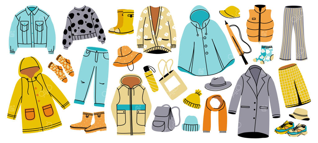 لباس‌های پاییزی: پوشاک گرم و لوازم جانبی فصل. ست پاییزه شامل ژاکت‌های دنج، کت، شلوار و چکمه‌های ضدآب و بارانی. مجموعه‌ای از طرح‌ها و مدهای ویژه فصل.