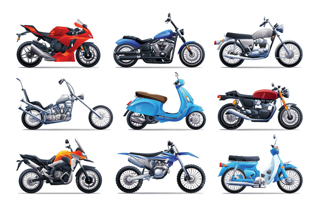 مجموعه‌ای از موتورسیکلت‌ها در انواع مختلف. تصویرسازی کارتونی وکتور.