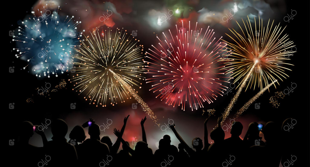 نمایش آتش‌بازی، جشن، مردم در تعطیلات، پس‌زمینه