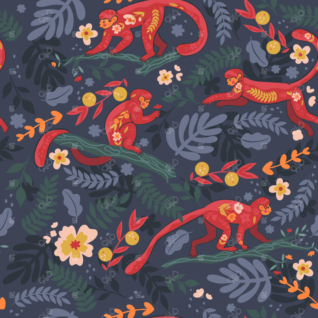 پترن پیوسته با میمون‌ها روی شاخه‌ها. گرافیک وکتور.