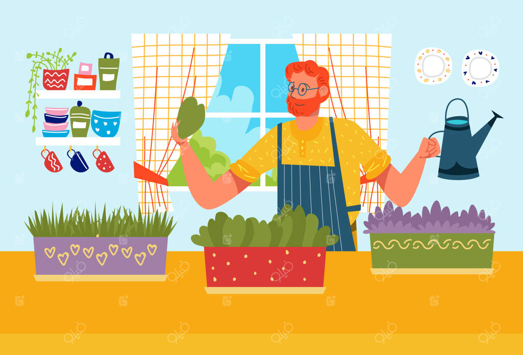 شخصیت مرد خوشحال در حال آب دادن و پرورش گیاهان خانگی