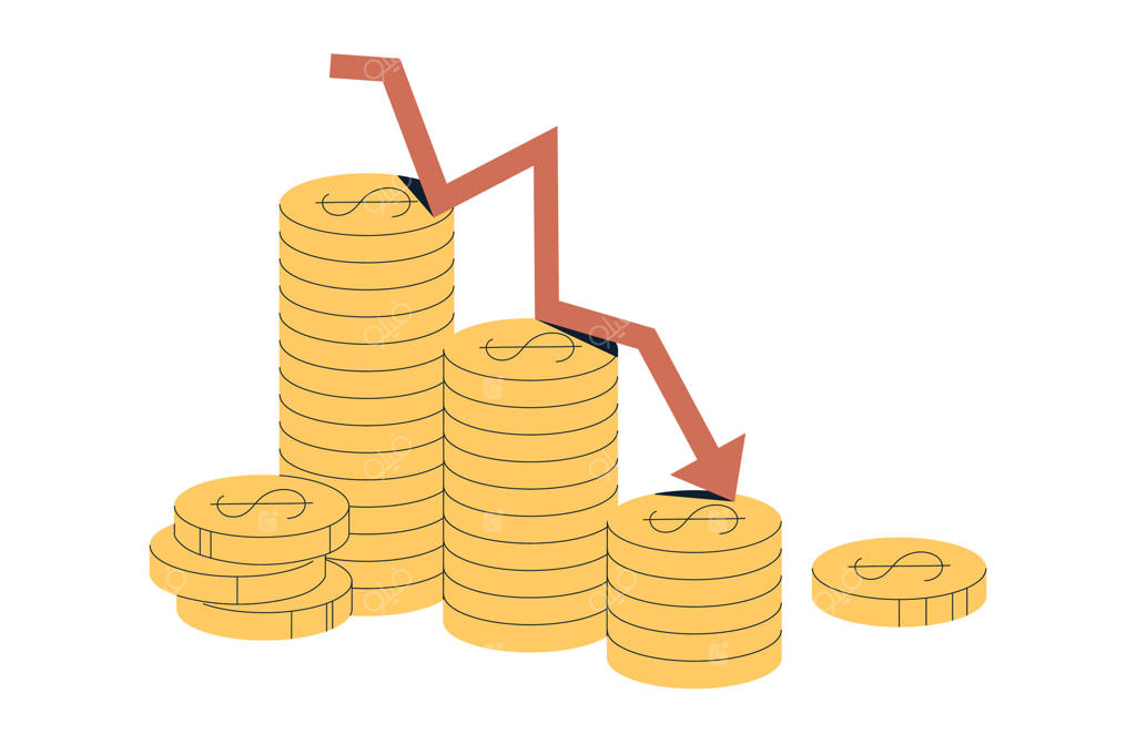 رکود و افت اقتصادی، سقوط سکه‌ها، فلش قرمز نشانه کاهش، بحران مالی، زیان بازار، کاهش ارزش پول، تاثیر تورم، نمودار روند منفی، تصویر تخت.