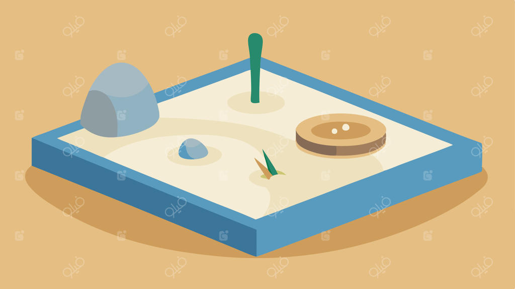 گوشه باغ ذن: یک باغ شنی کوچک داخل خانه با چنگک‌ها و سنگ‌ها برای فعالیت ذهنی و تجربه حسی که با تعامل لمسی آرامش را ترویج می‌دهد.