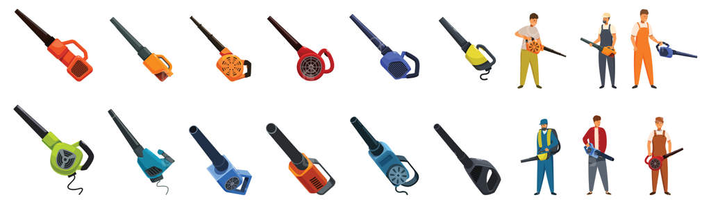 مجموعه‌ای از آیکون‌های دمنده برگ: باغبان‌ها از دمنده برگ برای نظافت و نگهداری استفاده می‌کنند.