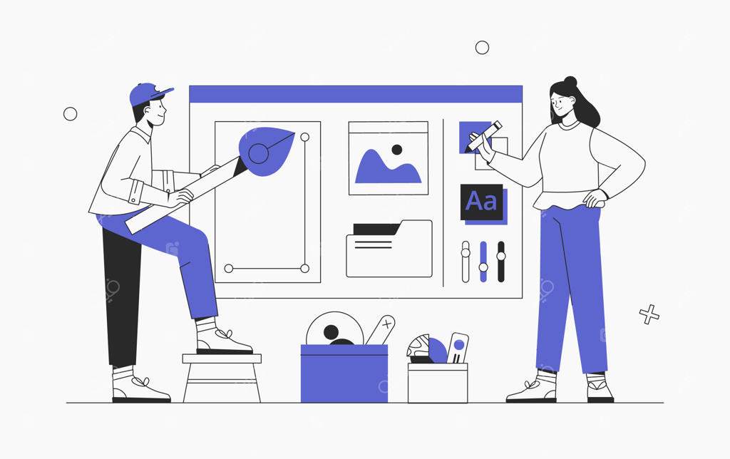 طراحی شخصیت‌های مرد و زن در کار تیمی خلاق برای محصولات جدید یا بهبود محصولات موجود. ایده‌پردازی تجاری، مفهوم طراحی رابط کاربری و تجربه کاربری برای ایجاد یک نرم‌افزار. تصویرسازی به سبک فلت.