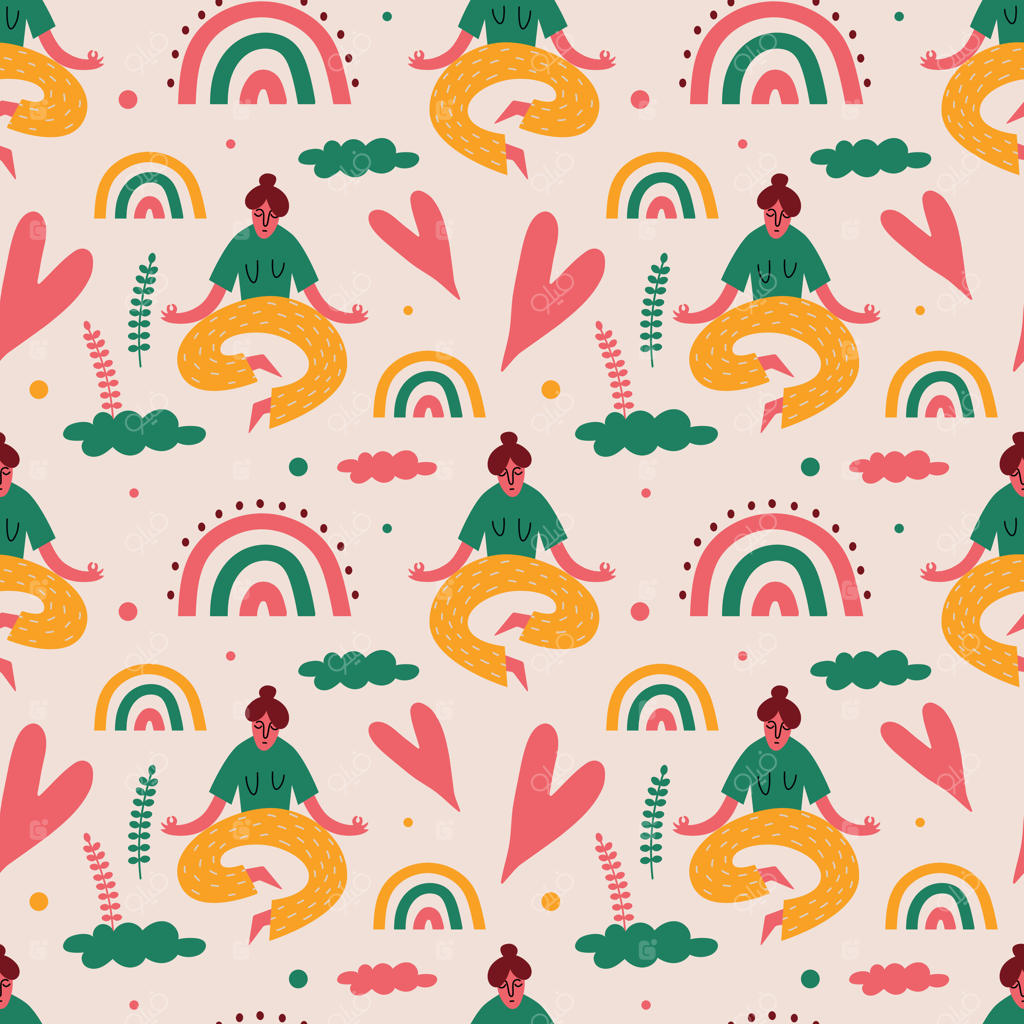 طرح زنده با رنگین‌کمان و فیگورهای در حال مدیتیشن - وکتور حرفه‌ای