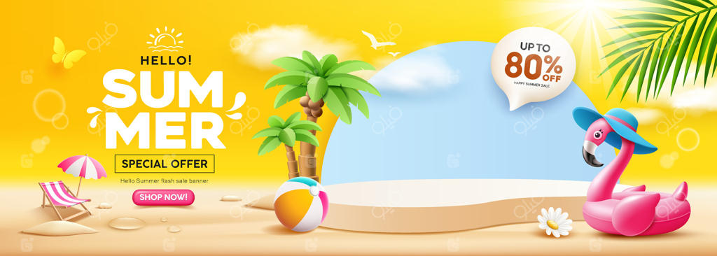 حراج تابستانی: استخر بادی فلامینگوی صورتی، درختان نخل، چتر ساحلی، طراحی بنر، ابر و آسمان بر روی پس‌زمینه زرد