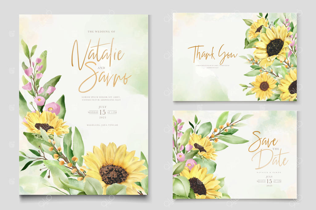 قالب کارت طرح گل آفتابگردان با آبرنگ