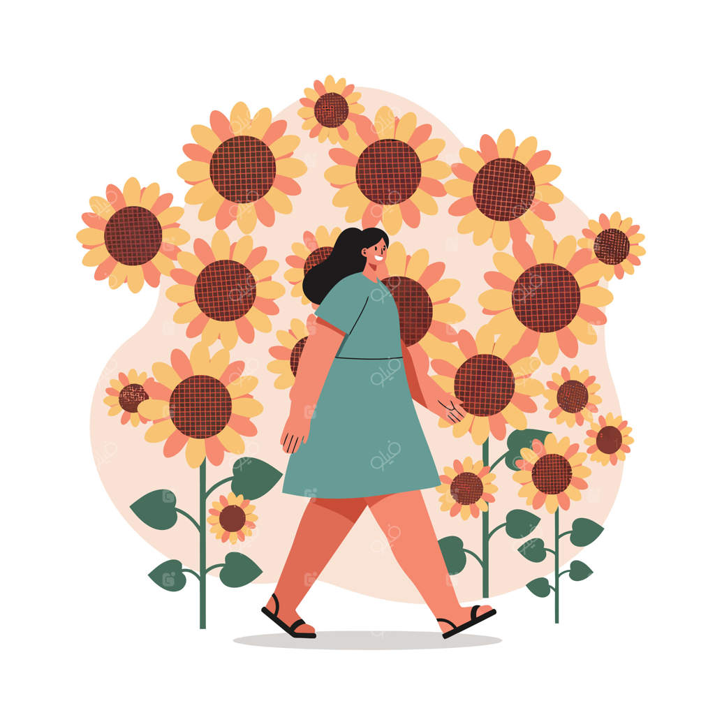 تصویر زنی در حال قدم زدن در میان گل‌های آفتابگردان قدبلند در باغ تابستانی