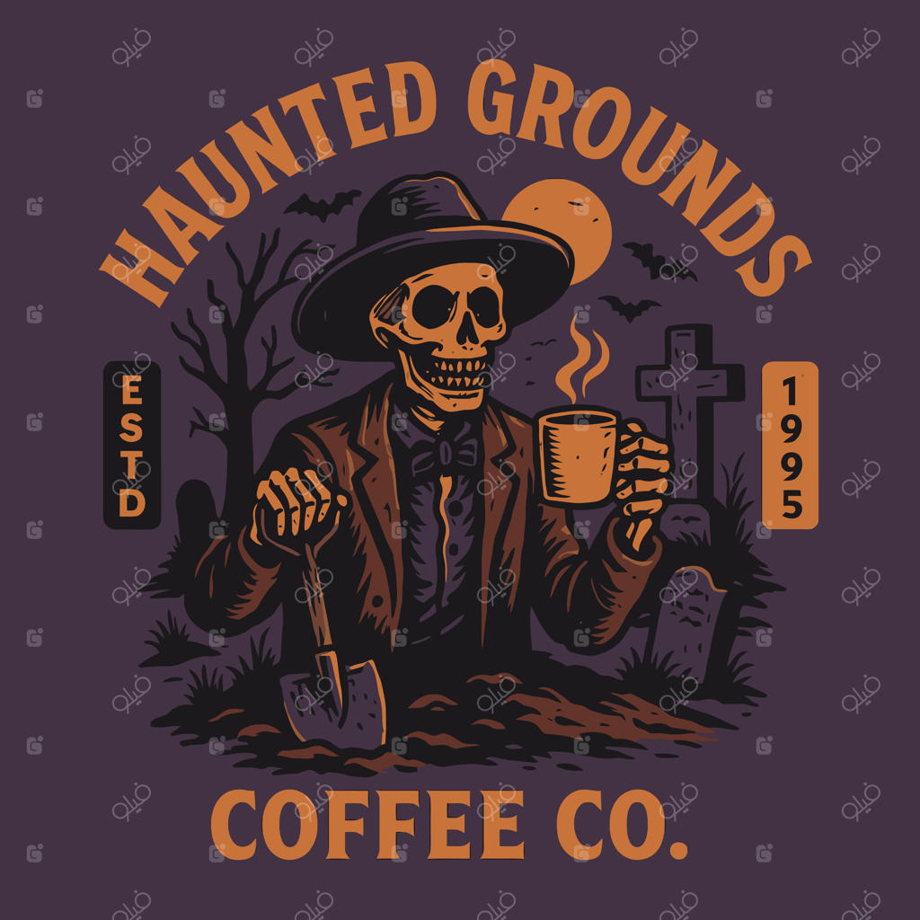 تصویر اسکلت قبرکن در حال لذت بردن از استراحت با قهوه در قبرستان