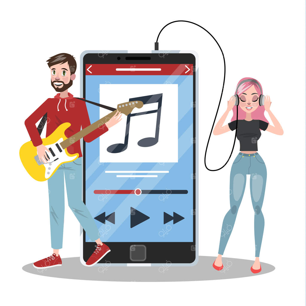 افرادی کنار یک تلفن هوشمند بزرگ ایستاده و با هدفون به موسیقی گوش می‌دهند. تلفن همراه به عنوان پخش‌کننده موسیقی. مفهوم تکنولوژی مدرن. تصویرسازی