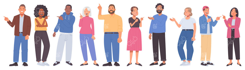 مجموعه کاراکترهای زن و مرد در حال اشاره با انگشت یا نشان دادن چیزی (تولید شده با هوش مصنوعی)