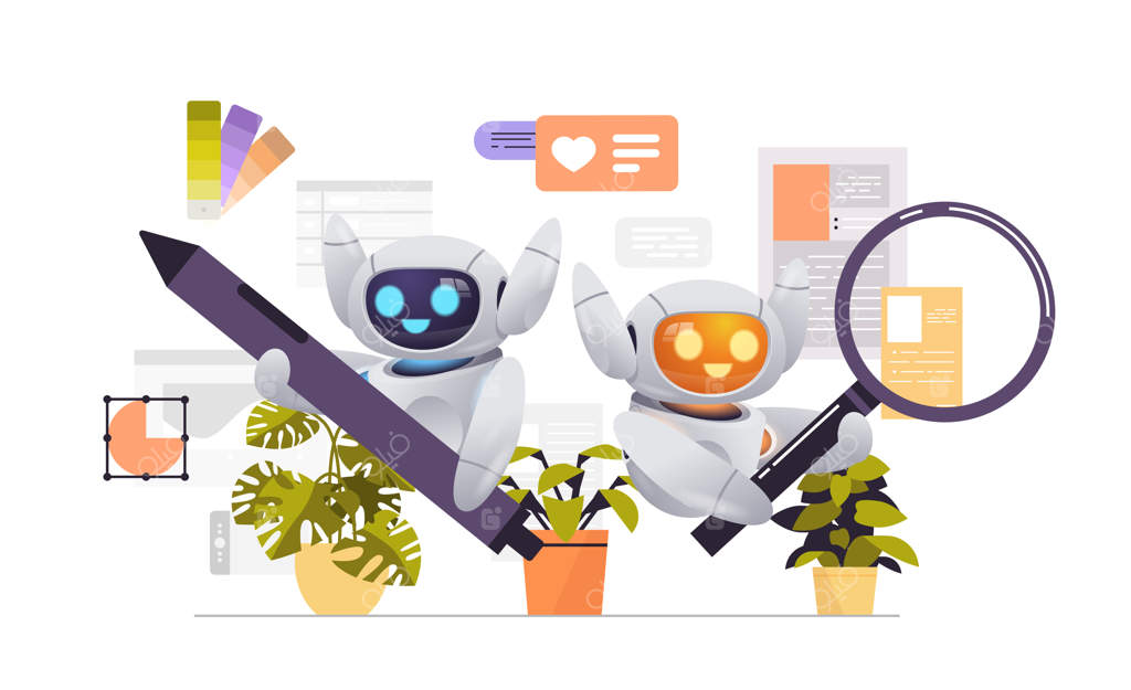 تیم طراحان دیجیتال، برنامه‌نویسان و تحلیل‌گران ربات‌های مدرن: بهینه‌سازی مهندسی نرم‌افزار و توسعه رباتیک (تصویرسازی افقی)