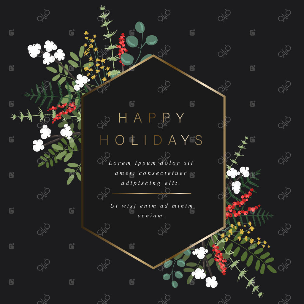 قالب شش‌ضلعی طلایی برای تزیین متن: گل‌ها، توت‌ها، برگ‌ها و گیاهان دیگر در یک قاب زیبا برای کارت هدیه و تبریک‌های مناسبتی، روی زمینه‌ای مشکی