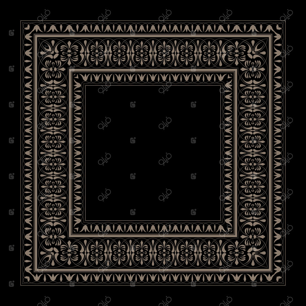 قاب مربع طلایی قدیمی روی زمینه سیاه. حاشیه زیبا و ظریف. قاب حاشیه‌ای تزئینی قدیمی. الگوی قالب برای منسوجات، گلدوزی، ظرف چینی دلفت، سفال، و سرامیک