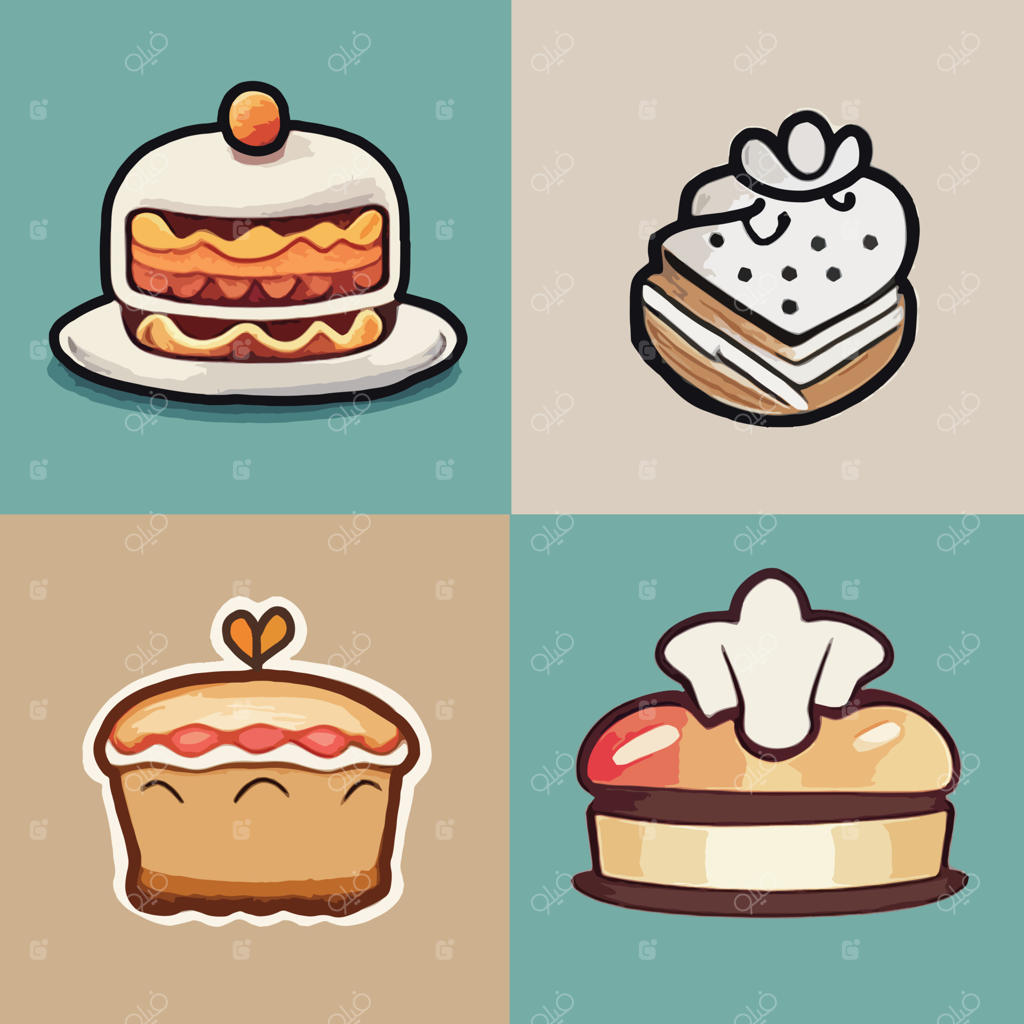 آرم رستوران با طرح کارتونی آشپز بامزه و کیک به صورت وکتور و طراحی دستی دو بعدی