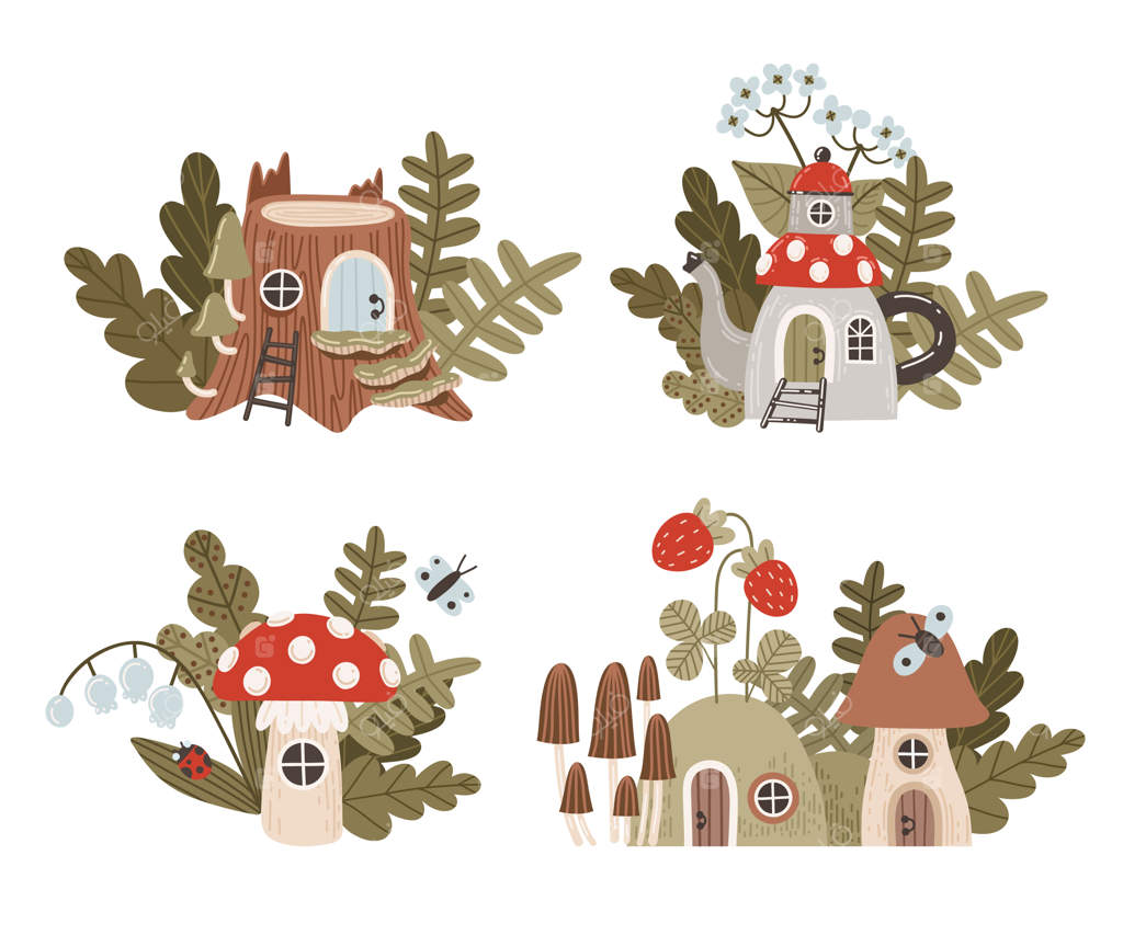 مجموعه‌ای از خانه‌های پریان جنگلی به سبک کارتونی: کلبه قارچ، خانه قوری، خانه کنده درخت