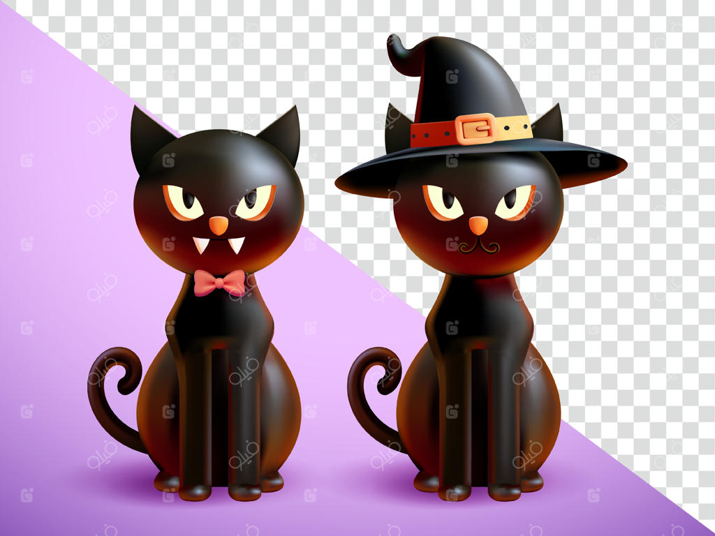 گربه سیاه بامزه به شکل خون‌آشام و جادوگر، به صورت سه‌بعدی - مناسب برای المان‌های طراحی و هالووین