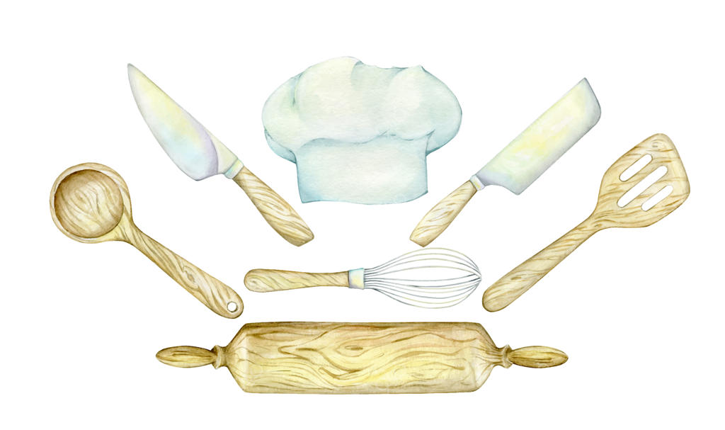 ست وسایل آشپزخانه: کلاه آشپز، قاشق چوبی، وردنه، چاقو و همزن آبرنگی روی پس‌زمینه‌ای ایزوله شده