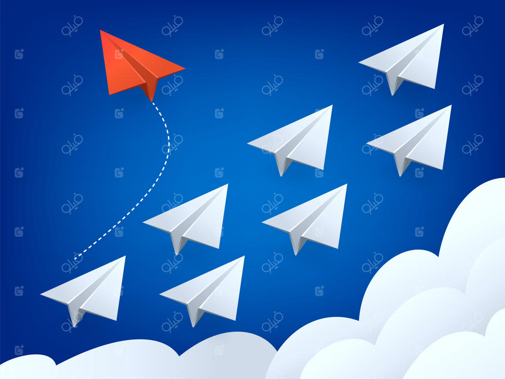 تصویرسازی از یک هواپیمای قرمز مینیمالیستی که جهت خود را تغییر می‌دهد و در میان هواپیماهای سفید پرواز می‌کند. ایده نو، تغییر، شجاعت، راه‌حل خلاقانه، نوآوری و مسیر منحصر‌به‌فرد.