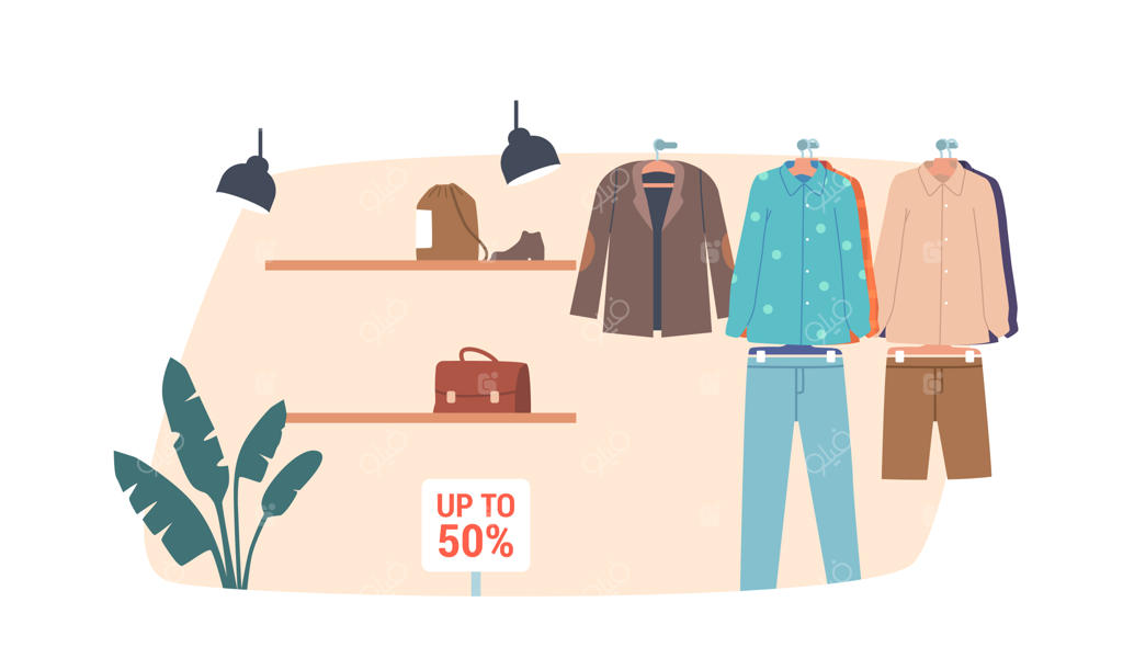 حراج فصلی و تخفیف ویژه: دکوراسیون داخلی فروشگاه با لباس‌های آویزان و کفش‌های چیده شده برای تخفیفات ویژه جمعه سیاه