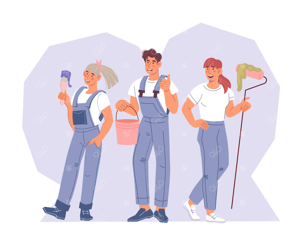 تیم کارگران برای بازسازی و تعمیر خانه - تصویر کارتونی وکتور