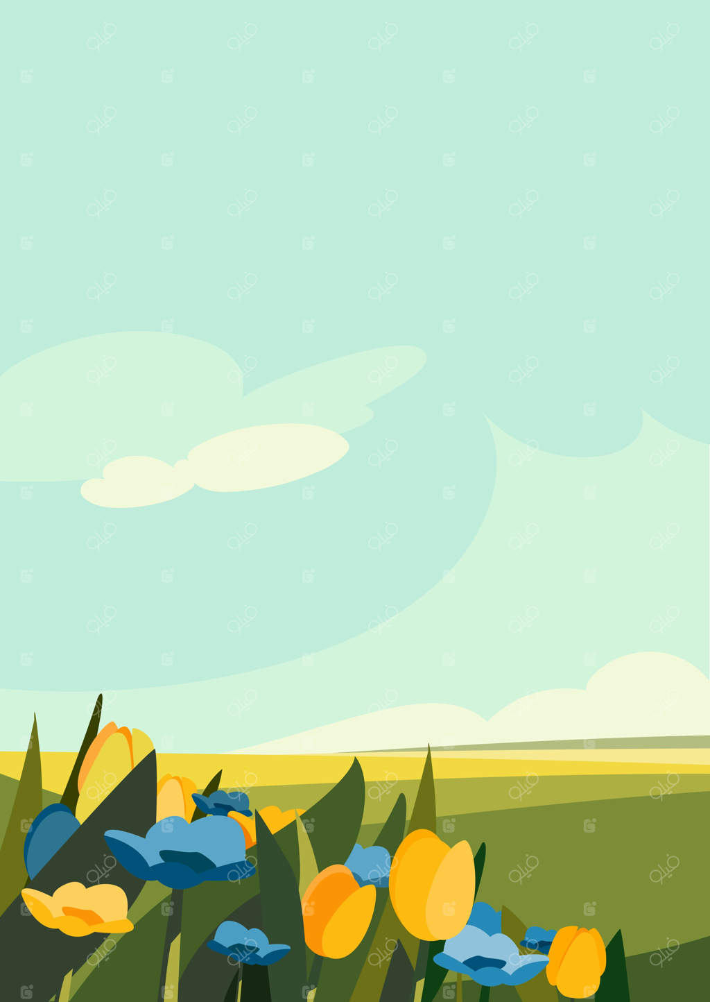 گل‌های آبی و زرد در چمنزار منظره طبیعی به صورت عمودی