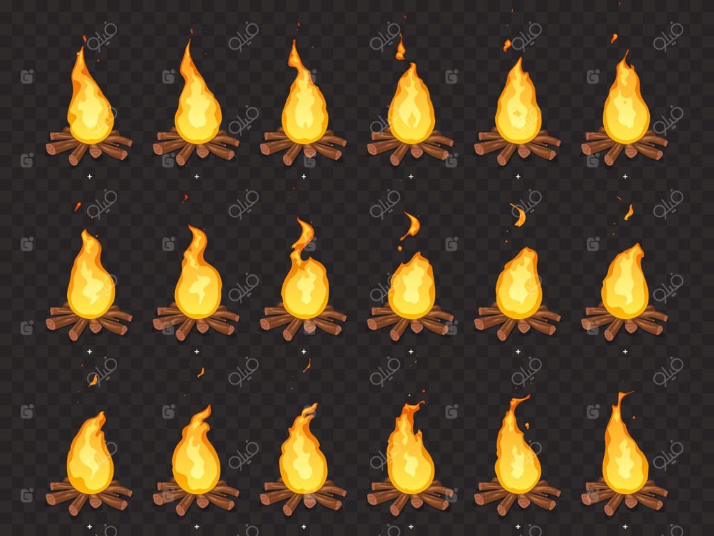 انیمیشن آتش در حال سوختن: شعله‌های داغ، آتش کمپ در فضای باز و فریم‌های کارتونی شانداخته‌شده‌ی آتش