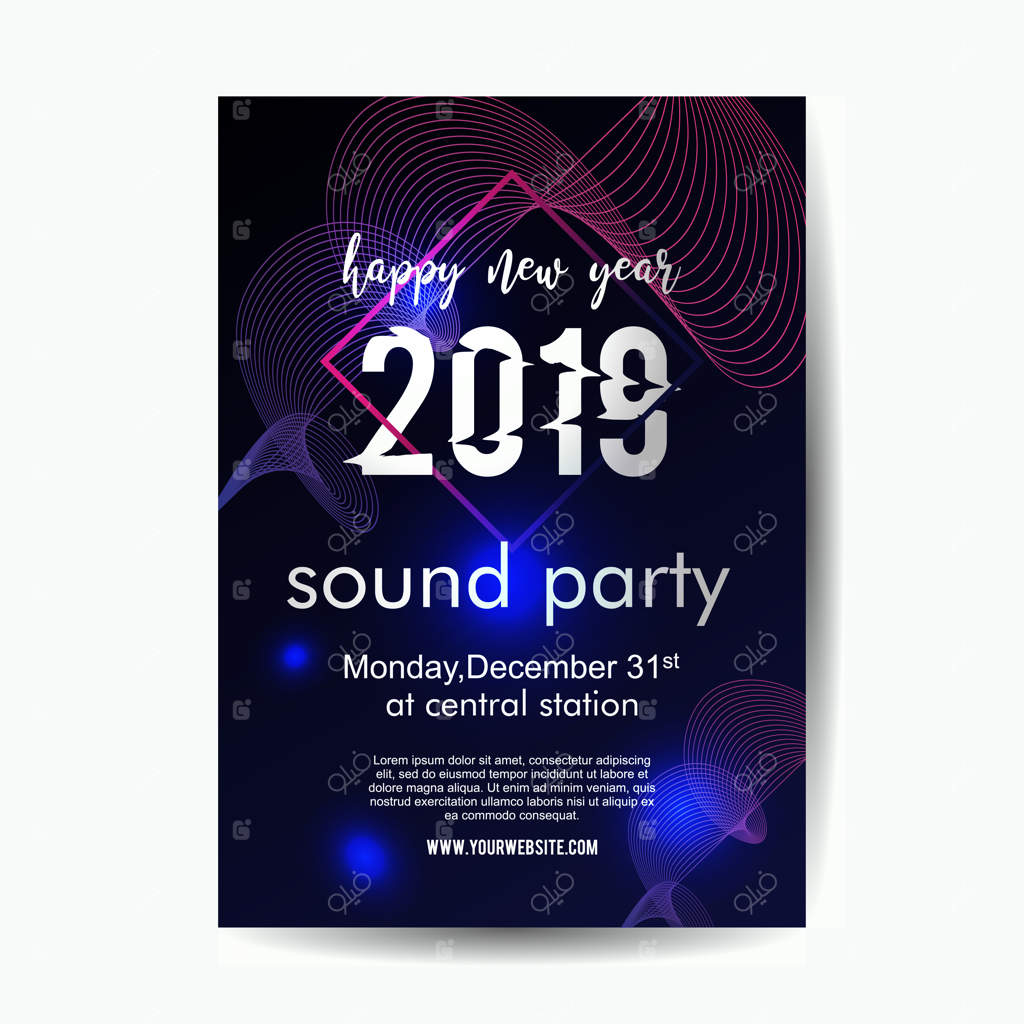 پترن پوستر مهمانی موسیقی سال نو ۲۰۱۹ با درخشش نئون