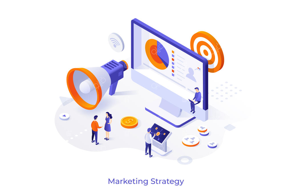 قالب مفهومی با نمایشگری عظیم و بلندگوی مشتریان یا مصرف‌کنندگان - صحنه‌ای برای استراتژی بازاریابی، تحقیقات بازار، تبلیغات آنلاین و مدیریت رسانه‌های اجتماعی - تصویر ایزومتریک مدرن.