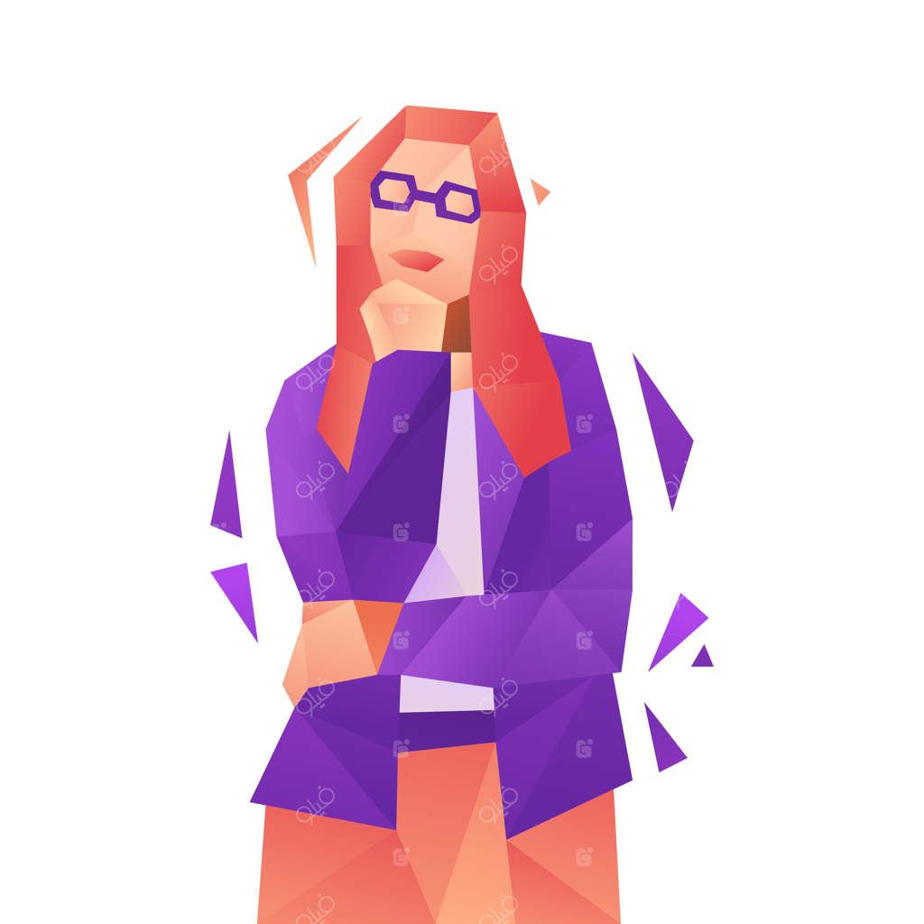 زن کم‌جزئیاتی در کت و شلوار اداری و عینک ایستاده است.