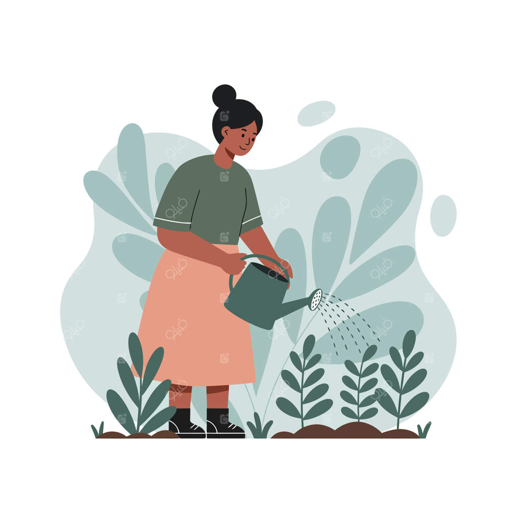 زنی در حال آبیاری گیاهان در باغ با رنگ‌های سبز و هلویی در طراحی ساده و مسطح