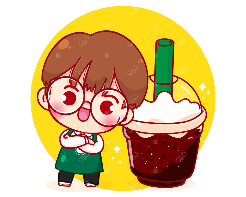 پسر باریستای جذاب با پیشبند و قهوه - شخصیت کارتونی