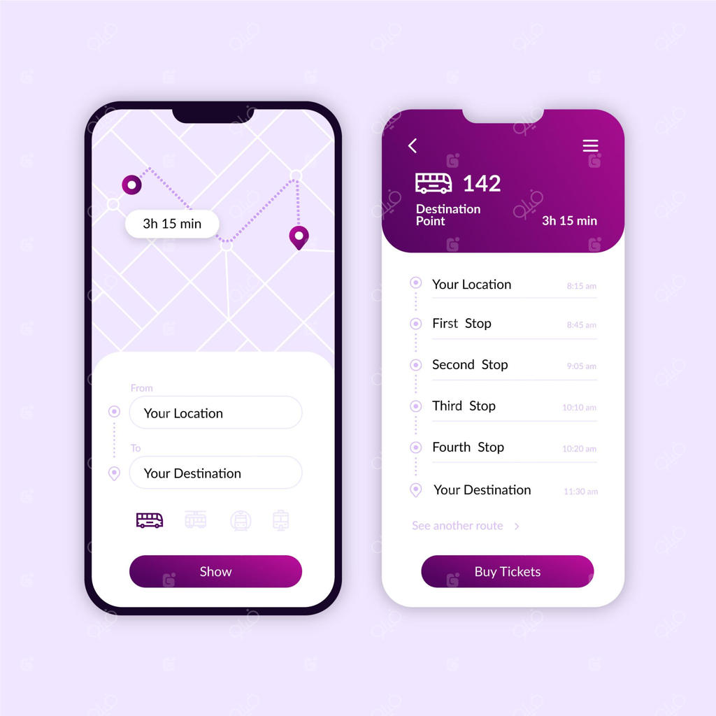 مجموعه‌ای از صفحه‌های اپلیکیشن حمل و نقل عمومی