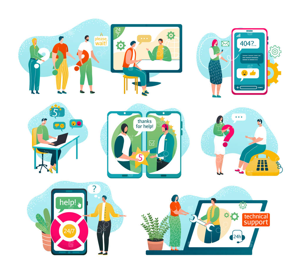 پشتیبانی مشتری در مجموعه تصاویر سفید: اپراتور مرد در هدست به مشتری مشاوره می‌دهد، پشتیبانی فنی جهانی آنلاین، کمک دستیاران مشتری و اپراتور، گفتگو.