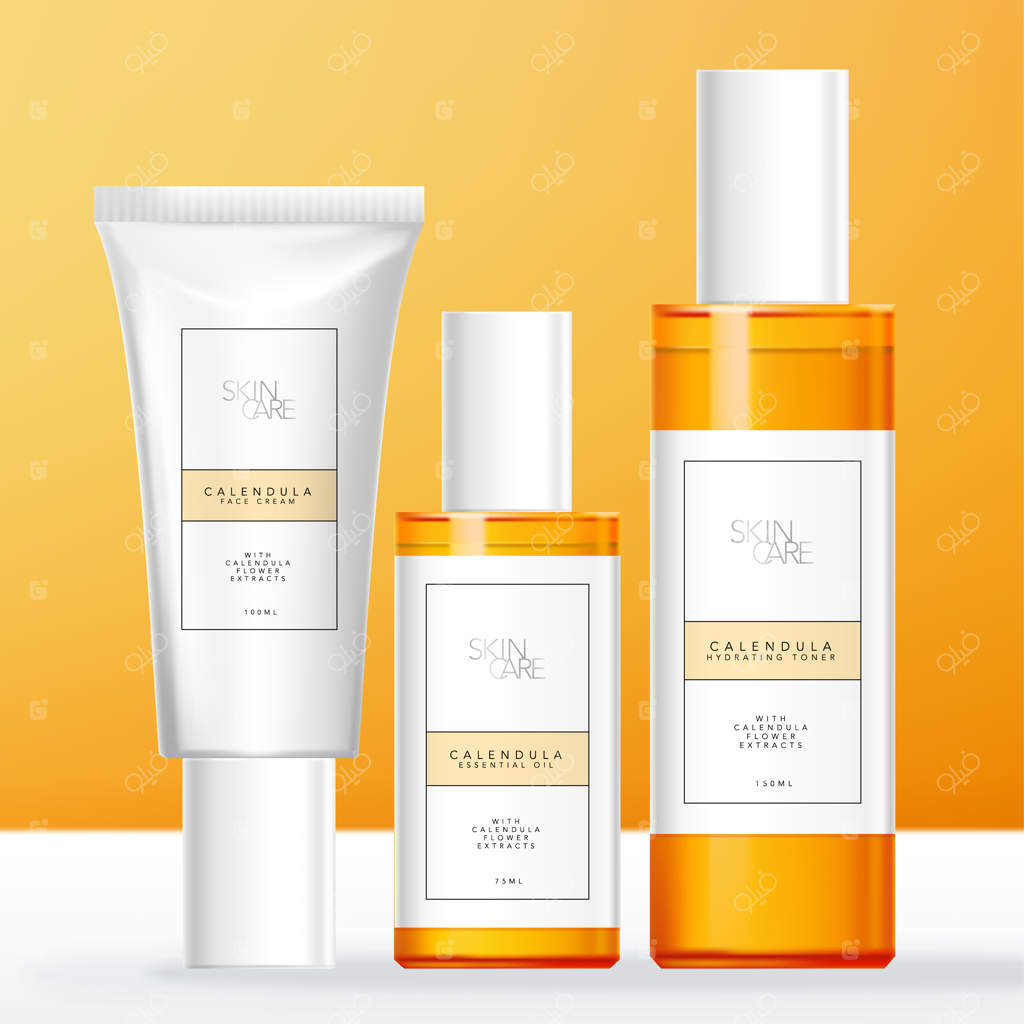 بسته‌بندی مراقبت از پوست با تم گل همیشه‌بهار: بطری شفاف نارنجی و تیوب سفید.