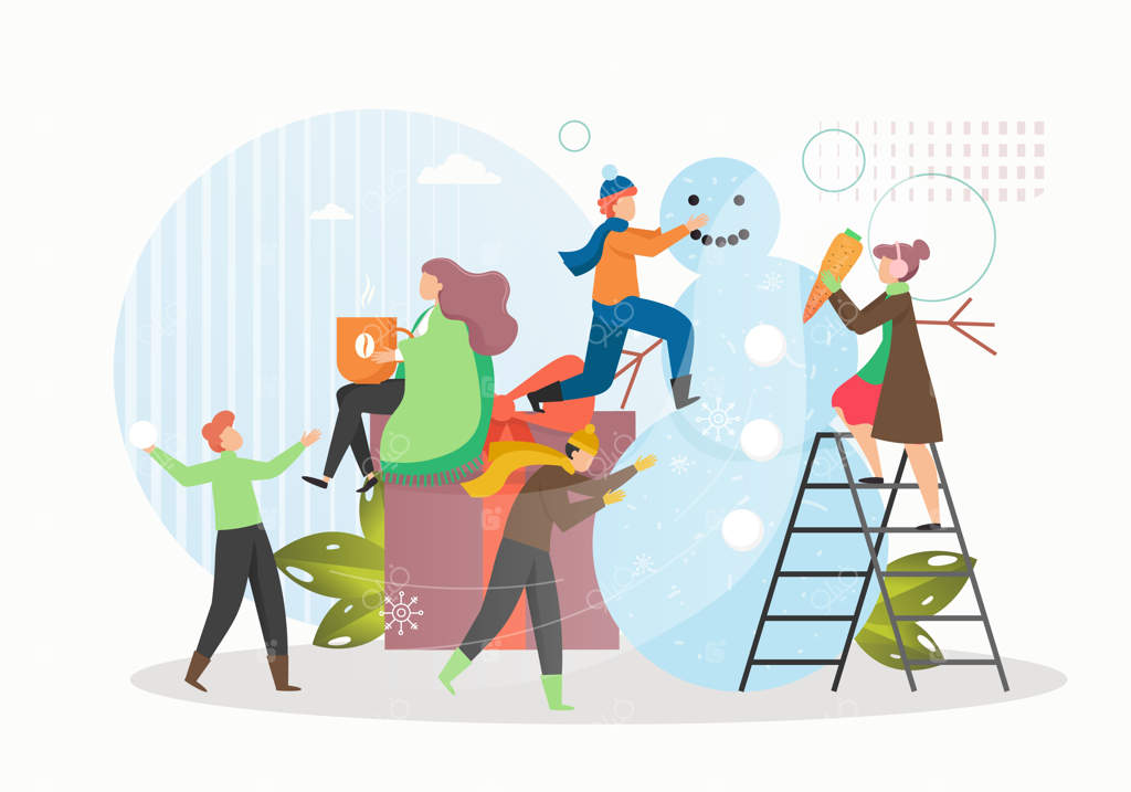 شخصیت‌های کارتونی شاد در حال ساخت آدم‌برفی بامزه و بازی با گلوله‌های برفی