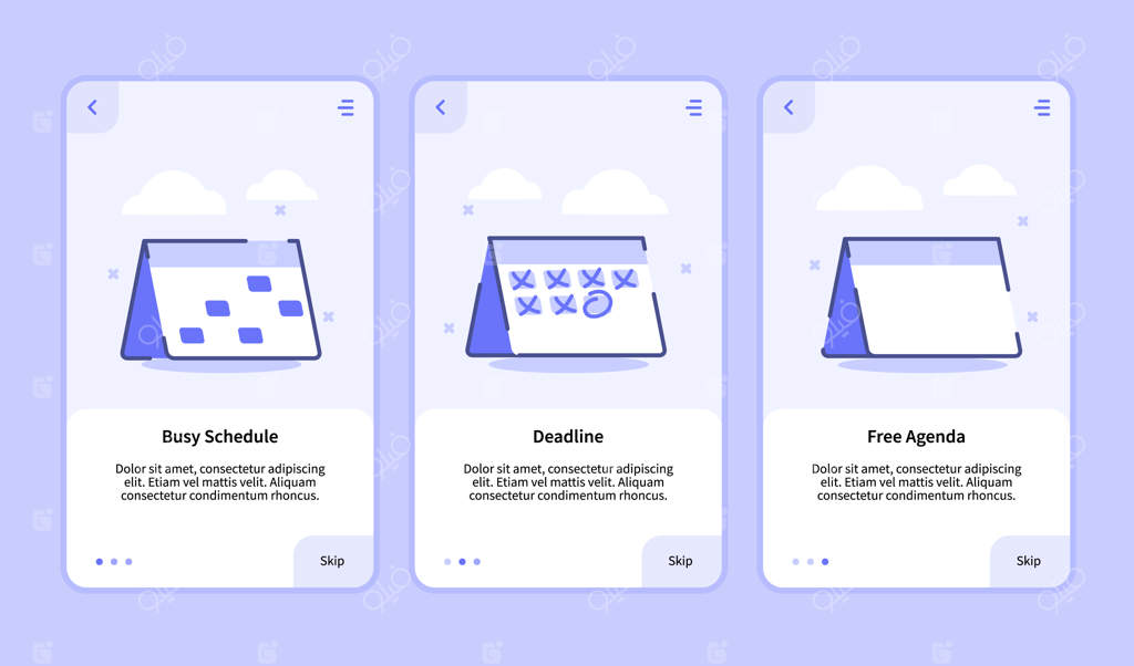 صفحه پترن برنامه موبایل: زمان‌بندی شلوغ، بدون مهلت، استقبال از کاربران جدید