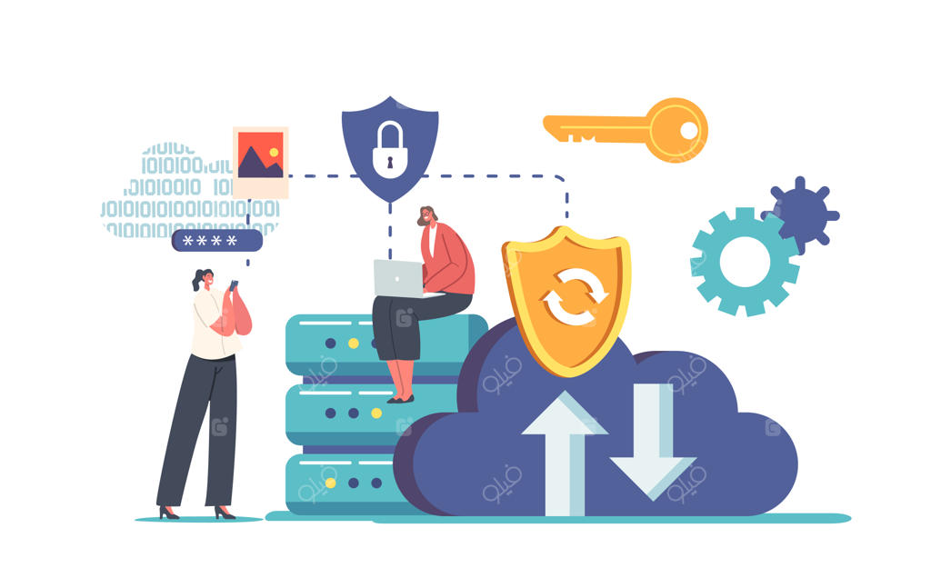 حفاظت از اطلاعات ایمنی داده‌های ابری در اینترنت: شخصیت‌های کوچک روی لپ‌تاپ کار می‌کنند و از تلفن همراه استفاده می‌کنند